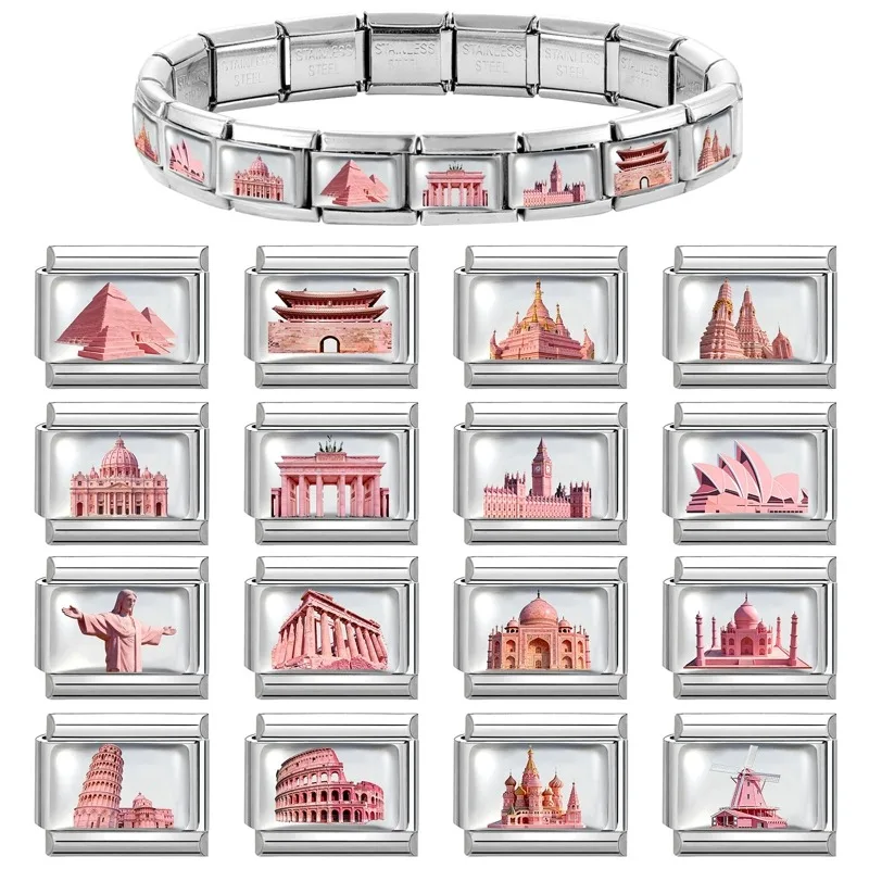 New2026 Hot Fashion Church Tower of Pisa Roman Colosseum Charm Italian Links Fit 9mm Bracelet Stainless Steel Making DIY Jewelry