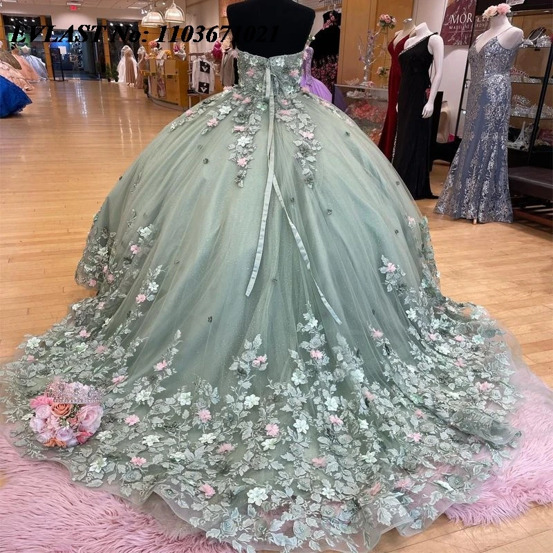 EVLAST Shiny Mint Green Quinceanera Dress Ball Gown Pink 3D Flowers Applique Beading Corset Sweet 16 Vestidos De XV 15 Anos SQ28