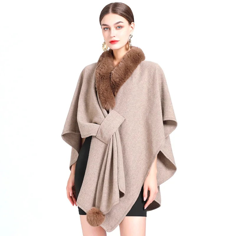 Women Ponchos Coat Elegant Casual Faux Fur Collar Shawl Cloak Bohemian Shawl Autumn Winter Oversize Sleeveless Fashion Capes