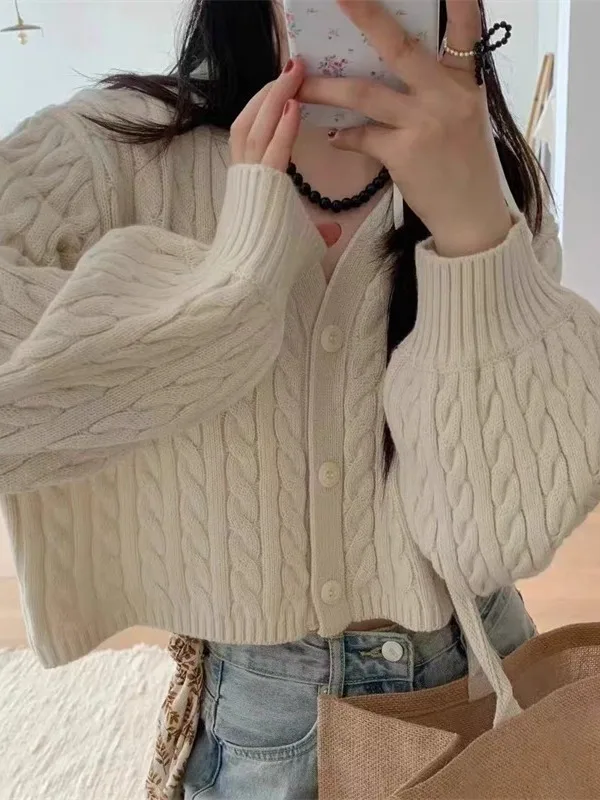 

Chic Autumn Winter ort Knitted Cardigan Women's High Waist Lantern Sve V-Ne Twist Sweater Outerwear Top Polyester Fiber