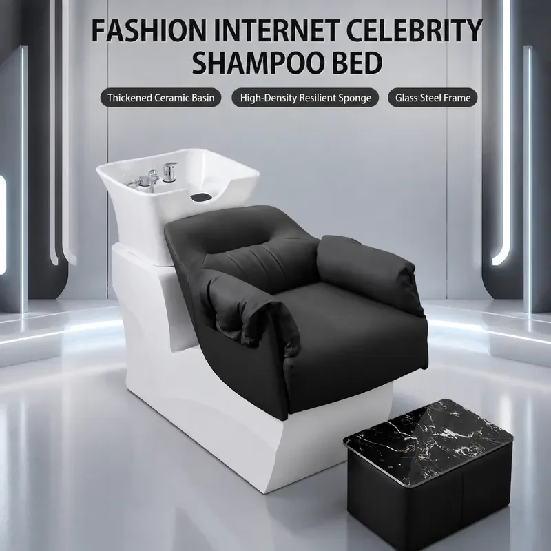 Bojo Semi Reclining Shampoo Bed with High End Ceramic Basin for Barber Shop Simple Design Hair Washing Station