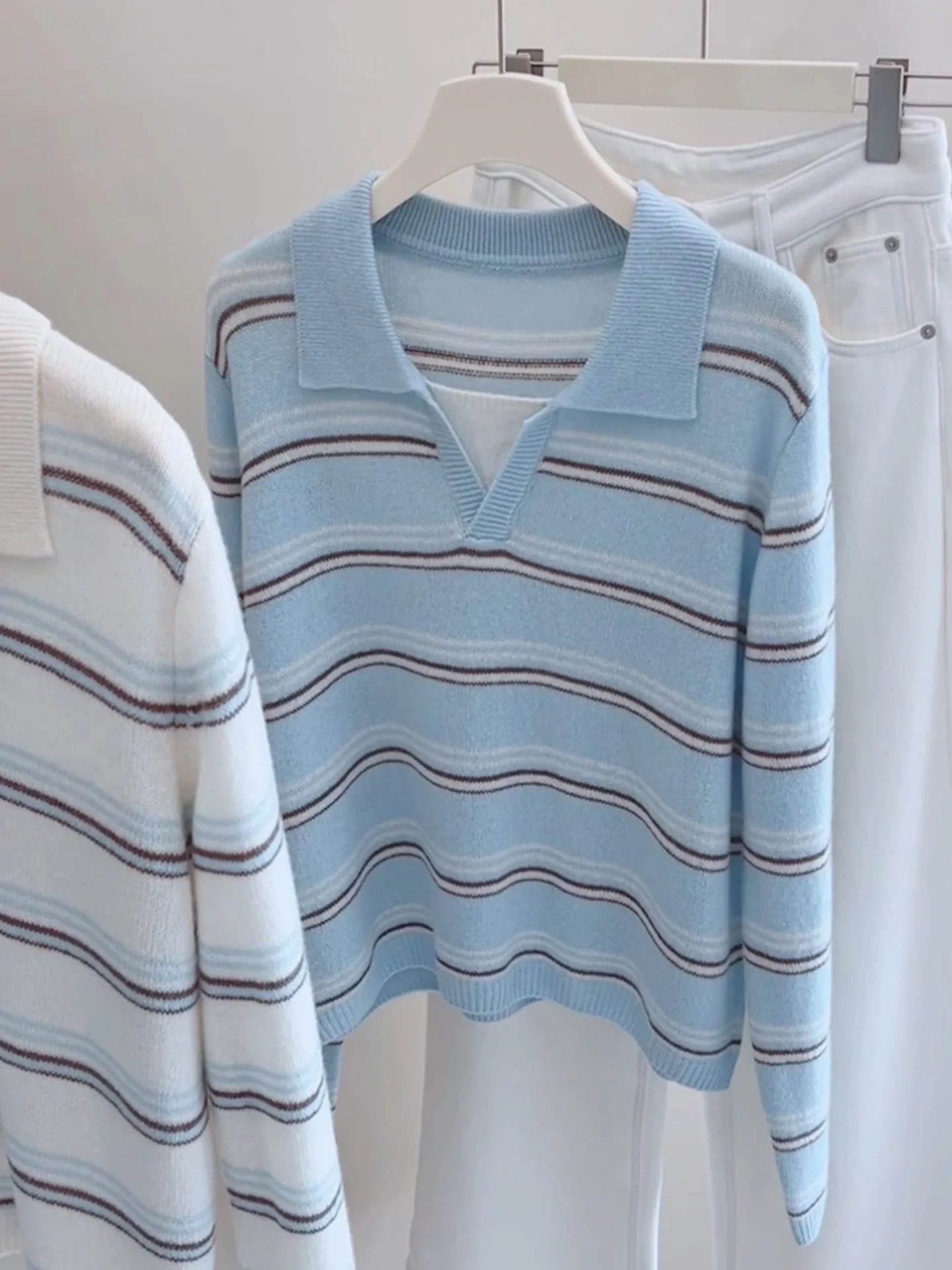 

Модный трикотажный свитер с длинным светом и отложным воротником, цветная блузка для похудения, женский корейский свободный крой