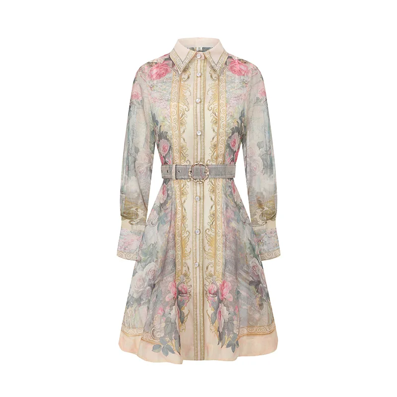 Vintage Baroque Floral Print Shirt Dress for Women's Lapel Elegant Long Sleeve Button Front Vintage A-Line Work Dress with Belt
