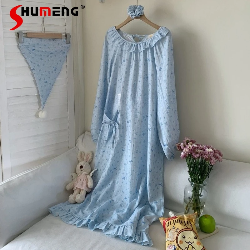 

Синяя ночная сорочка из чистого хлопка с цветочным принтом для девочек, летнее домашнее платье из чистого хлопка в японском стиле для женщин