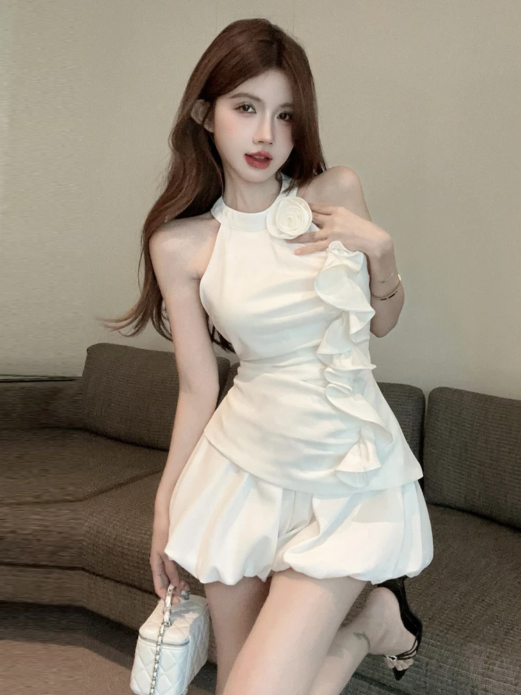 

Sweet Girl Pure Desire Style Floral Lace Trim Halter Neck Vest Short Bloomer Two Piece Set Summer Fashion Casual Women's Suit