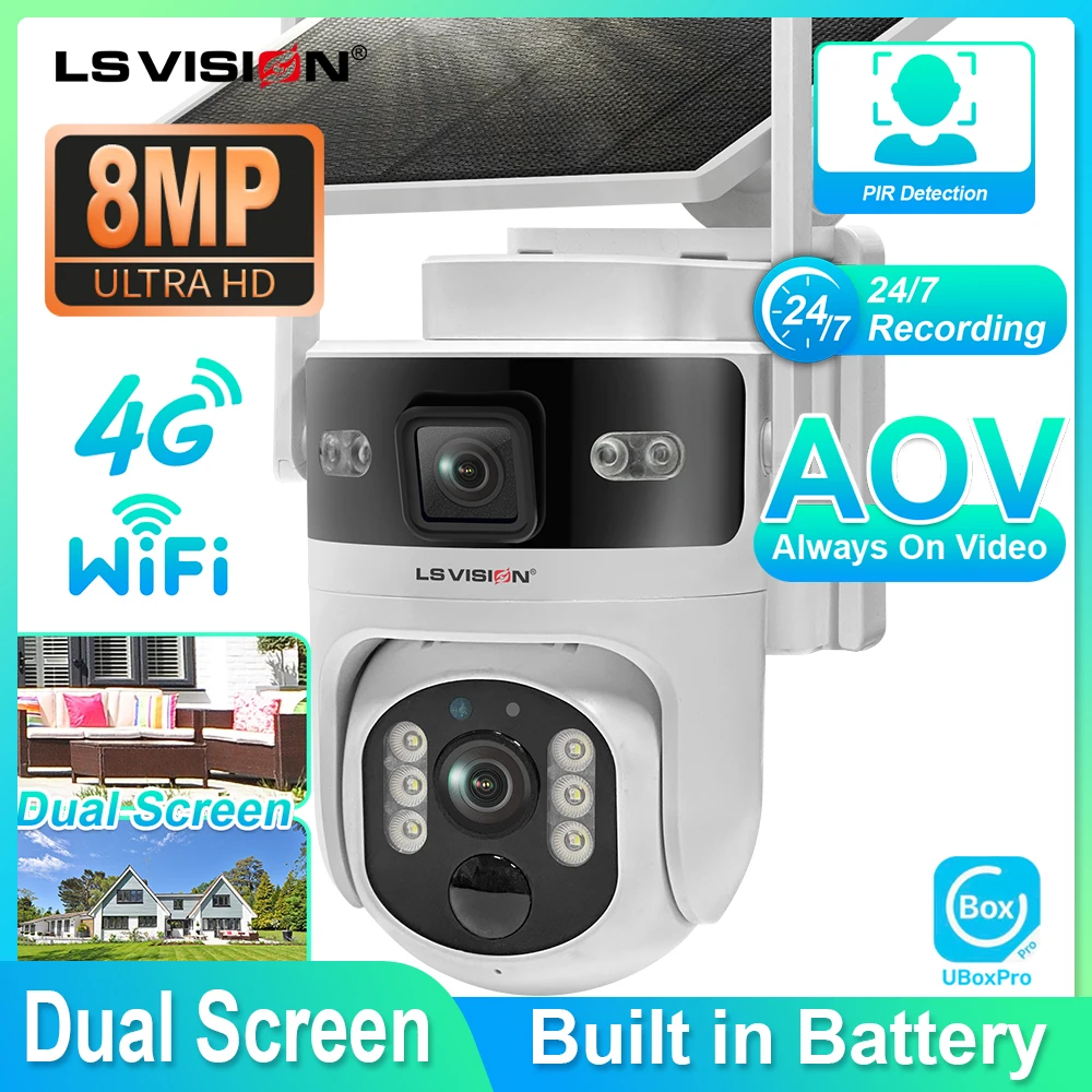 LS VISION UBOX AOV Outdoor Surveillance Camera Solar Wifi Security Security Cameras 4G Tow-Screen Cctv Solar Energy 24/7 Record