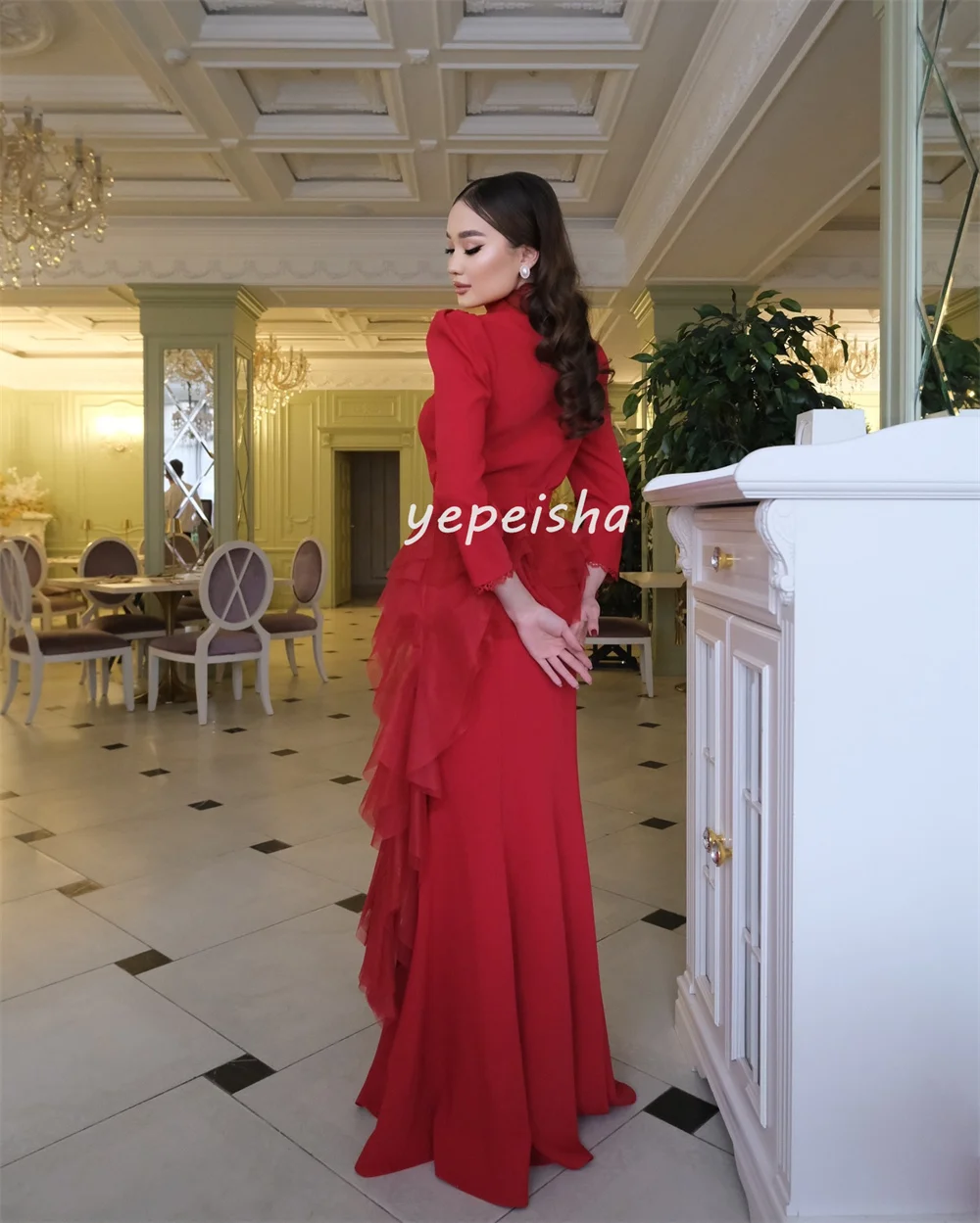 Customized Fashion High Quality Jersey Pleat Tiered Mermaid High Collar Long Dresses Bespoke Occasion Dresses Exquisite Classic