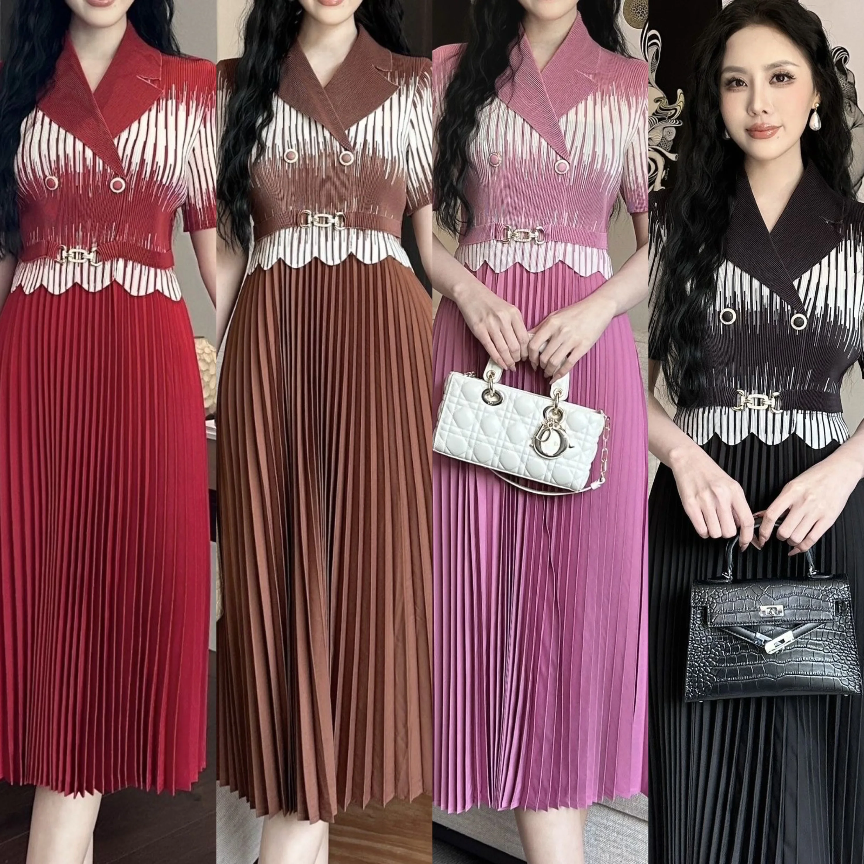 Плиссированное платье Miyake, лето 2022, костюм в вертикальную полоску, воротник, плиссированная юбка с завязкой на талии, утягивающая волшебная элегантная корейская версия