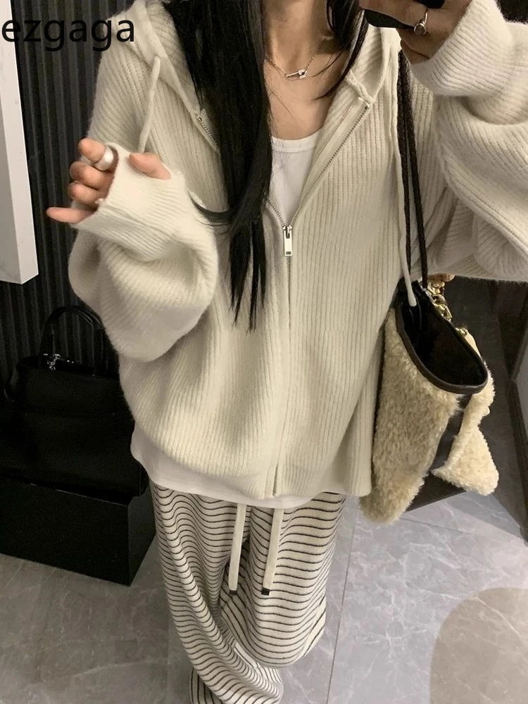 

Ezgaga Knitted Cardigan Women Hooded Zipper Autumn Winter Loose Outwear Fashion Sweater Zipper Vintage Female Tops Casual