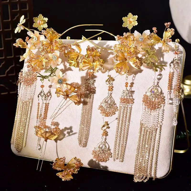 Golden Artificial Crystal Phoenix Hairpin Set for Chinese Bride Xiuhe Traditional Wedding Hanfu Accessory Ancient Costume