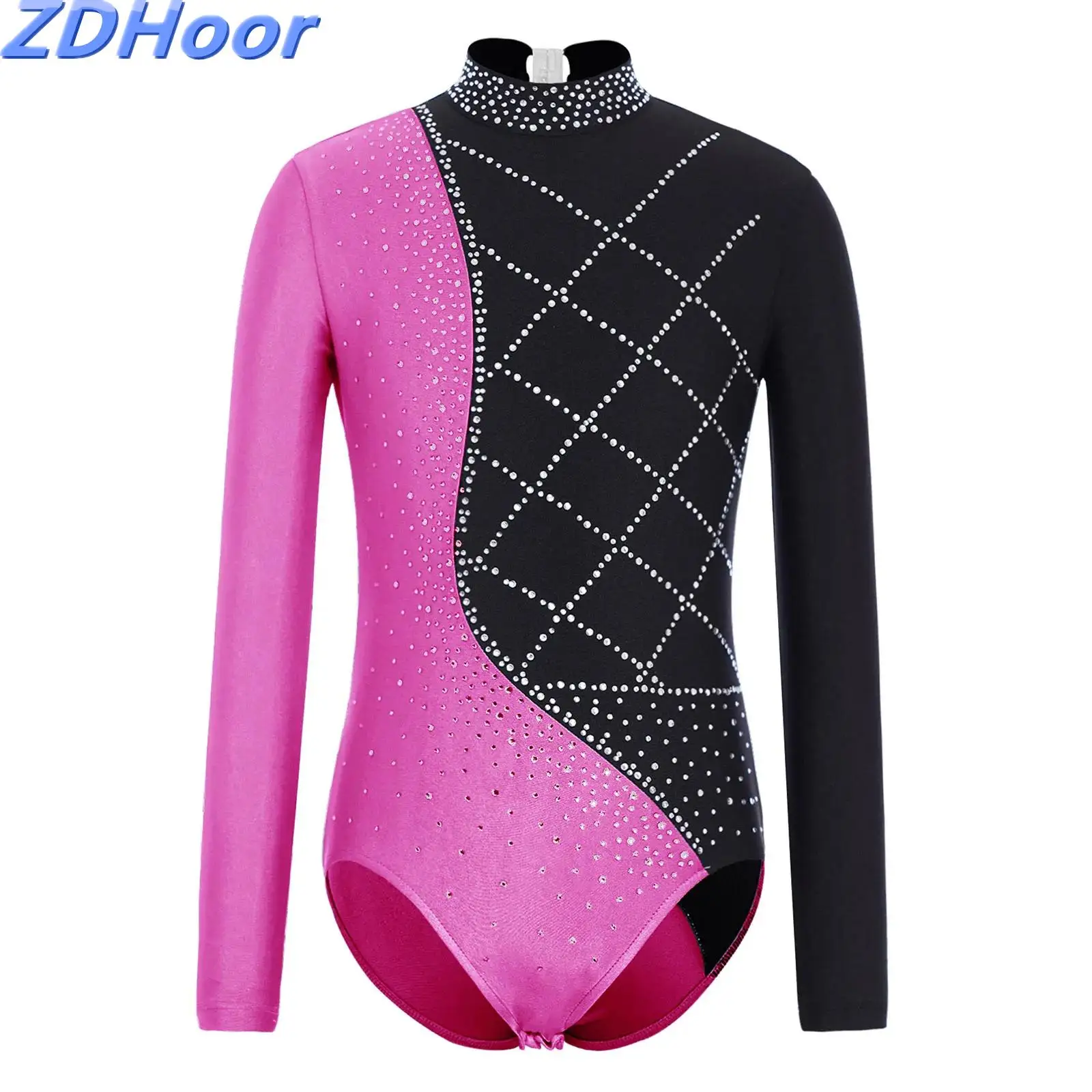

Kids Girls Ballet Leotard Color Block Shiny Rhinestones Mock Neck Long Sleeve Bodysuit for Gymnastics Figure Skating