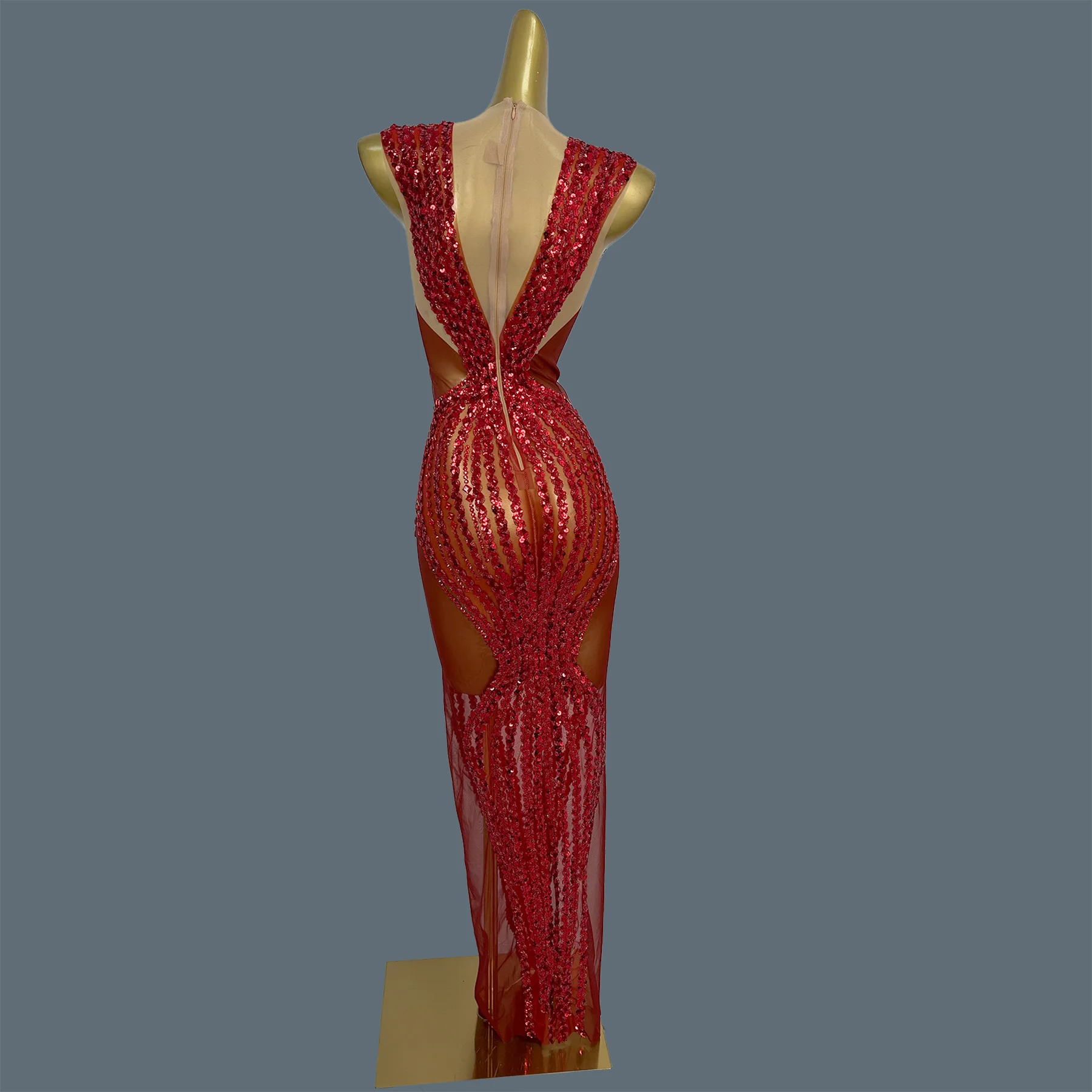 

Sexy Mesh Red Rhinestone Sequins Evening Dress Luxury Party Prom Costume Club Elegant Gown Celebrate Event Stage Outfit Meili