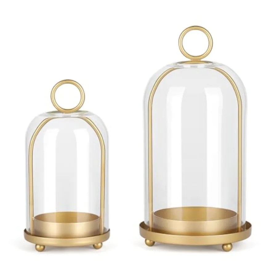 

Versatile Metal Candle Holder Set with Handmade Glass Dome, Antique Brass Pillar Candle Stand, 5.2" and 4.1" Wide for Tabletop