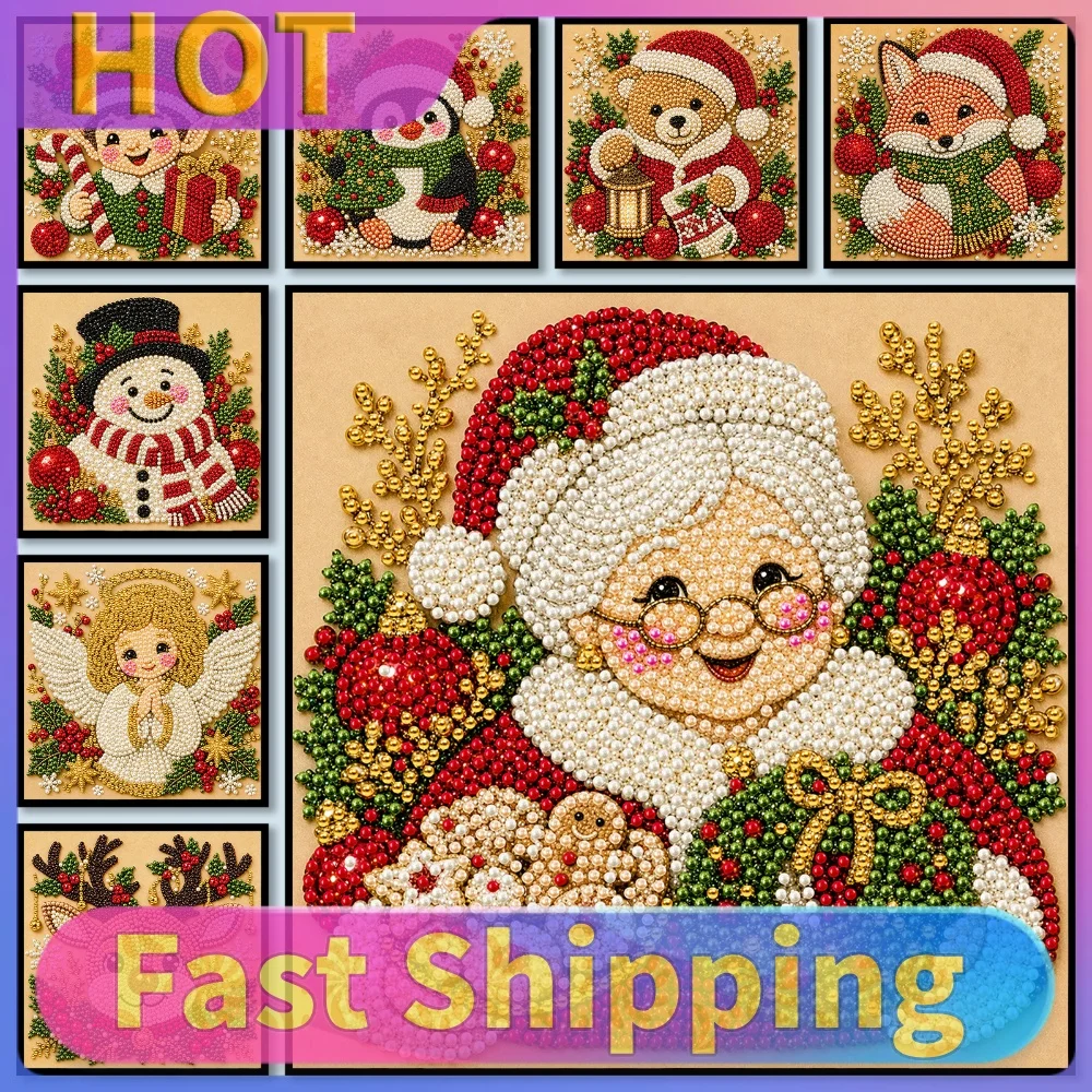Christmas Framed DIY Pearl Painting Kit 20x20cm Self-Adhesive Canvas Bead 3D Art Craft Set Adults