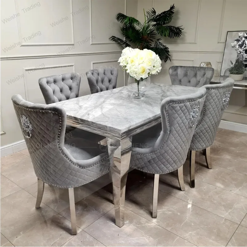 Grey Solid Marble Top and 6 Grey Knocker Chairs Stainless Steel Chrome Dining Table