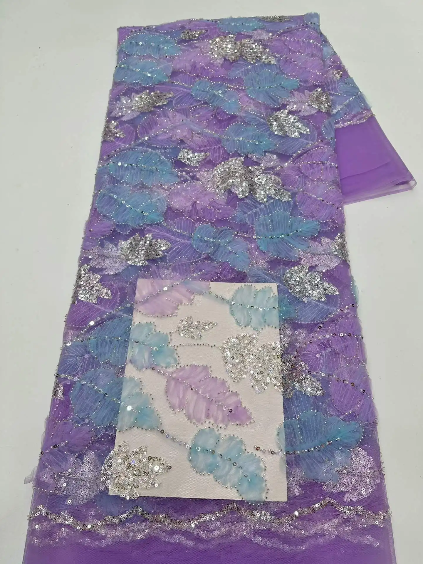 

African Sequins Lace Fabric 5 Yards High Quality 2026 Nigerian Beads Lace Fabric 3d Tulle Fabric For Bridal Wedding Dress Sewing