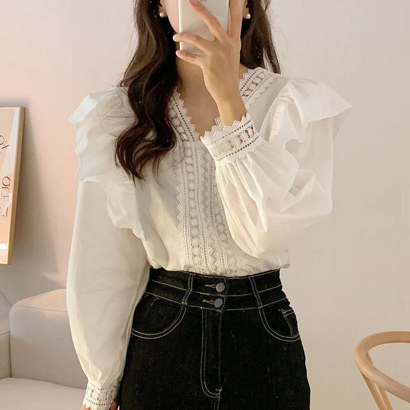 Lucyever Korean Chic Puff Sleeve Blouse for Women Elegant Lace Spliced V-Neck Shirts New Fashion Loose Office Lady White Shirt