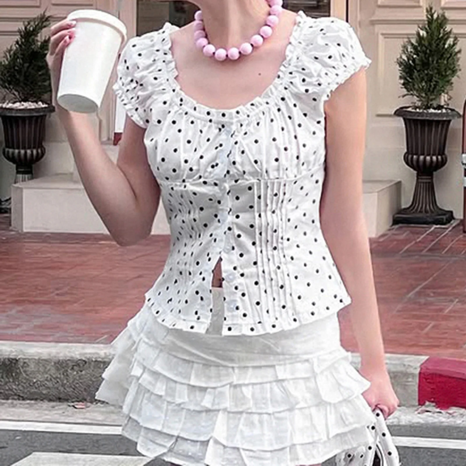 

New Fashion Womens Striped Dot Shirts Summer Fashionable Slim Fit Bubble Short Sleeve Button Down Tops Hot Sale S M L