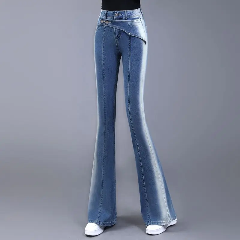 Vintage Gradient Black Korean Slim Flare Jeans High Waist Women Spring Autumn Full Pants Pocket Versatile Simple Casual Trousers