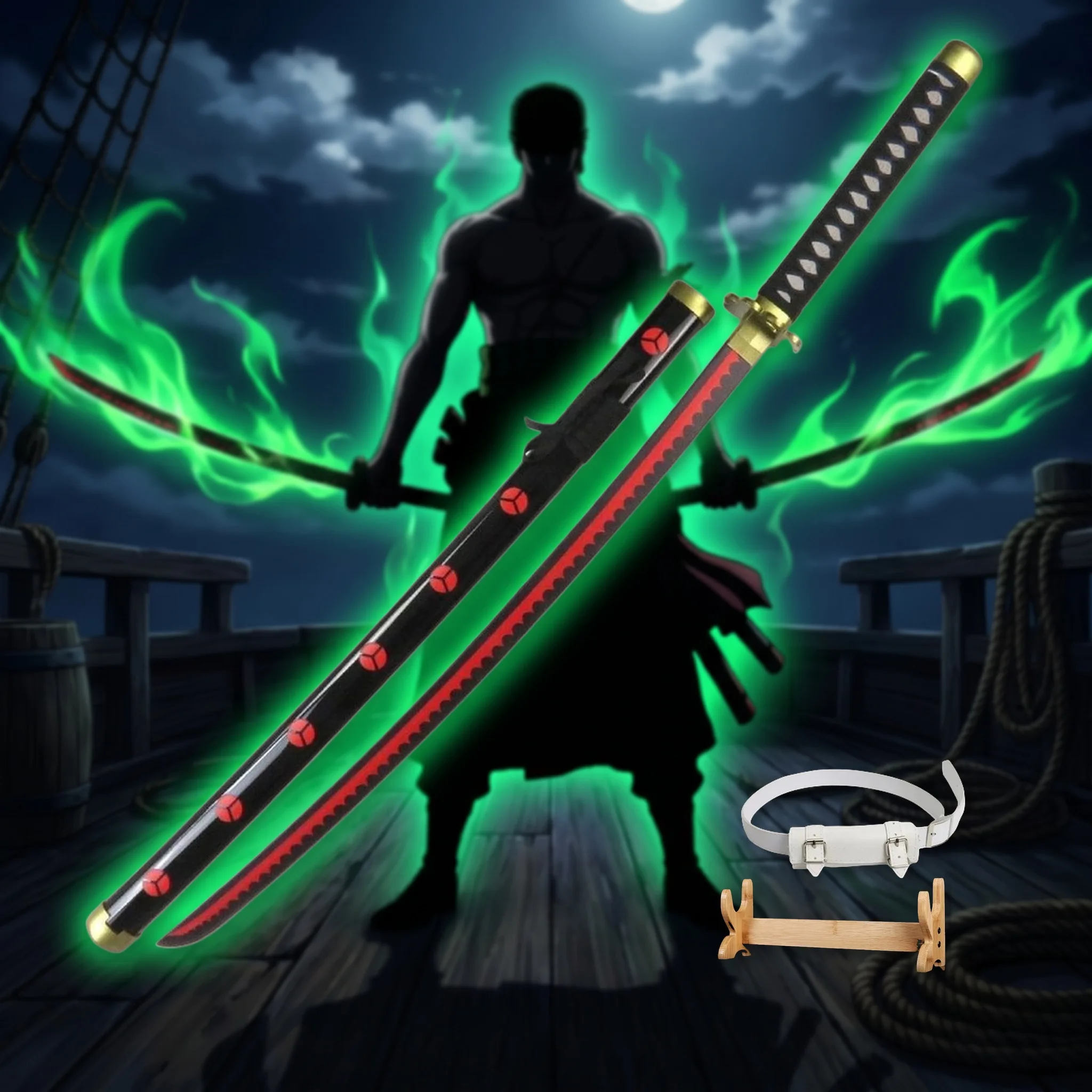 39 Inch One Piece Zoro Katana Sword Sabre Blade Set Stand Belt Ninja Knife Schwert Safe Unsharpened Cosplay Display Photo Prop