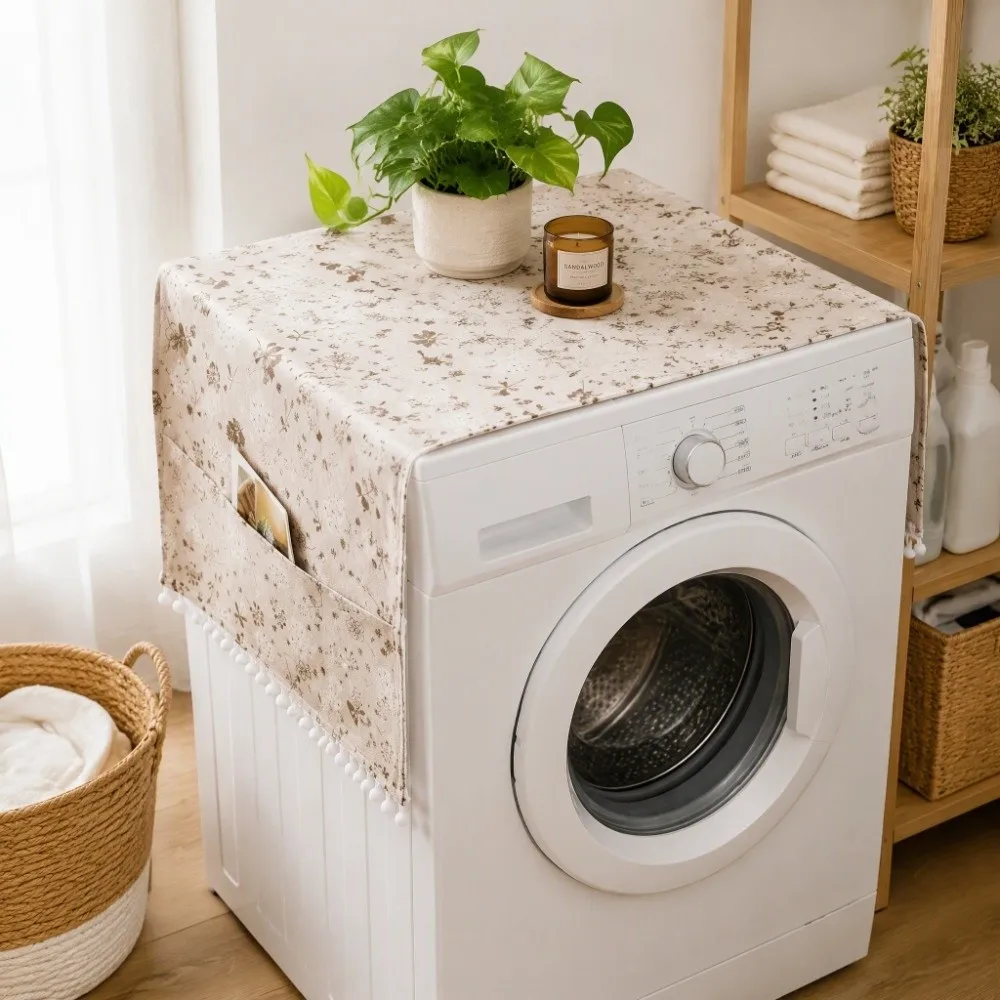 Cotton Linen Dustproof Cover Grey Dandelion with Side Storage Pocket Washing Machine Dust Cover Stylish Pattern Multi-Purpose