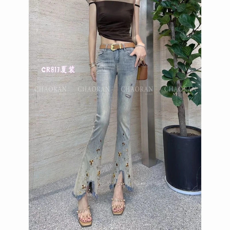 New Denim Bell Bottom Pants for Women Featuring Nail Bead Embroidery Split Micro Horn Design High Height Pants Slim Gradient