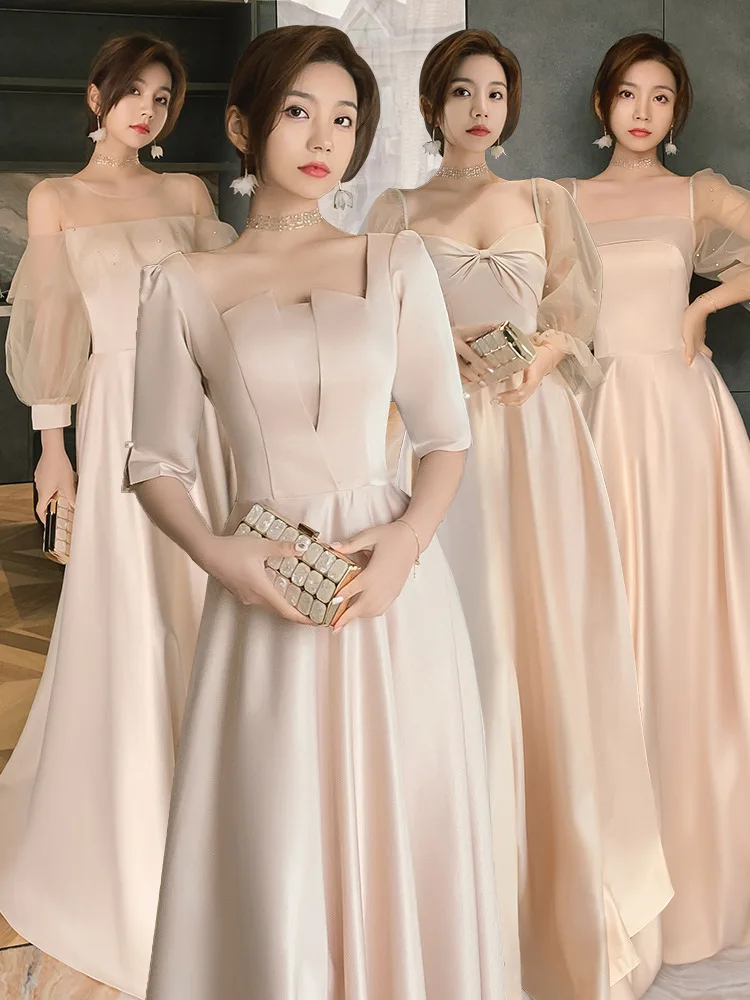 

Women's Satin Bridesmaid Dresses New Spring Summer French Sisters Group Dresses Female Slim Half Lace Long Sleeves Grey Dress