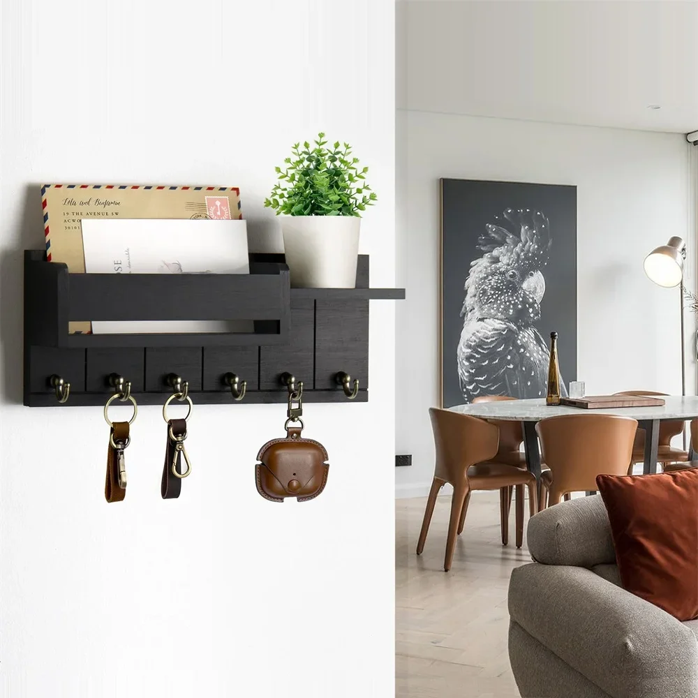 رف مفاتيح مزخرف ومنظم بريد مع 6 خطافات مفاتيح حامل مفاتيح من الخشب الريفي مثبت على الحائط مع رف لمدخل غرفة المعيشة #2