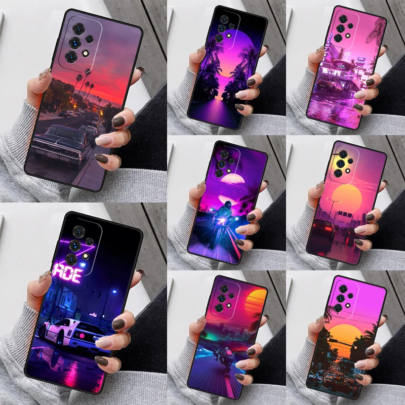 80S Vaporwave Retro Synthwave Sunset Phone Case For Samsung Galaxy S23 S21 S20 FE S24 S22 Ultra Note20 S10 Plus A40 A52 A13 A53