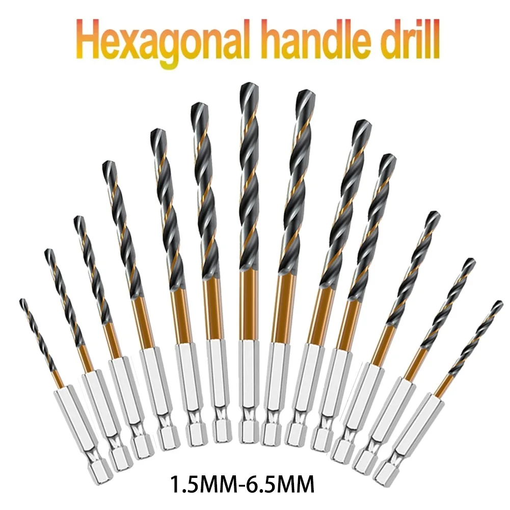 HSS High Speed Steel Titanium Coated Drill Bit 1/4 Hex Shank Drill Bit 1.5-6.5mm Hexagonal Handle Twist Drill Bit Woodking Tools