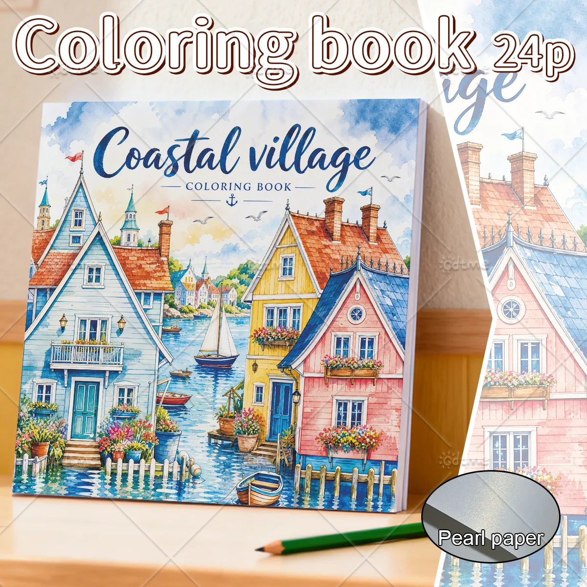 Coastal Village Coloring Book for Adults, Watercolor Seaside Town Colorful Harbour Houses Scenes Stress Relief Drawing Art Gift
