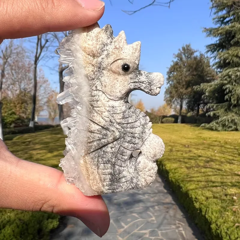 Natural Crystal Cluster Seahorse Carving Rough Stone Hand Carved Sea Animal Figurine Desktop Ornament Home Decor Gift