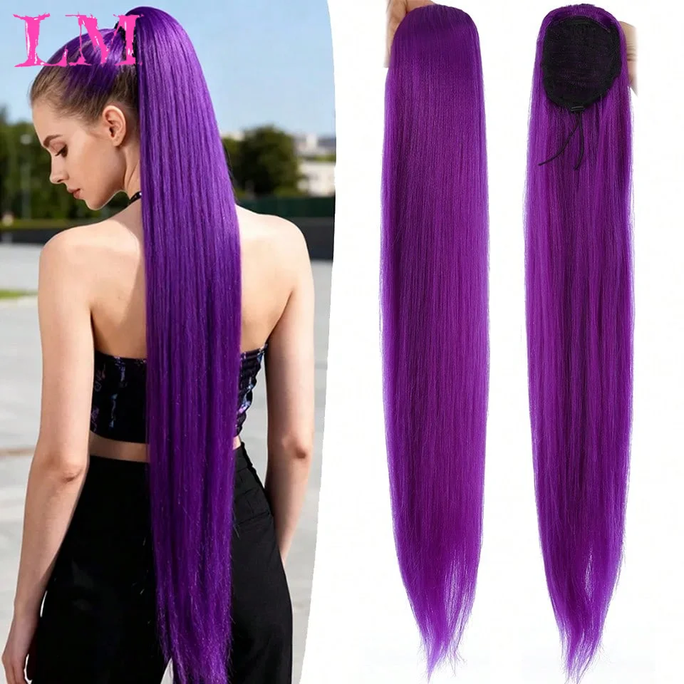 LM Synthetic 32Inch Long Straight Ponytail Extension for Women Drawstring Heat-Resistant Easy Styling Fit Halloween Christmas
