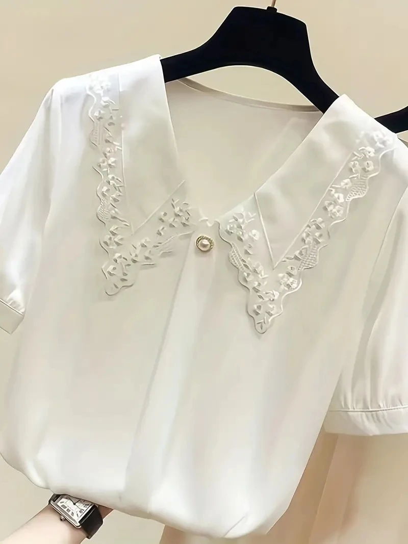 Korean-Style Cute Blouse Summer Spring Fashion Casual Solid Women Cardigan Short Sleeve Lace Collar Elegant Ladies Clothes