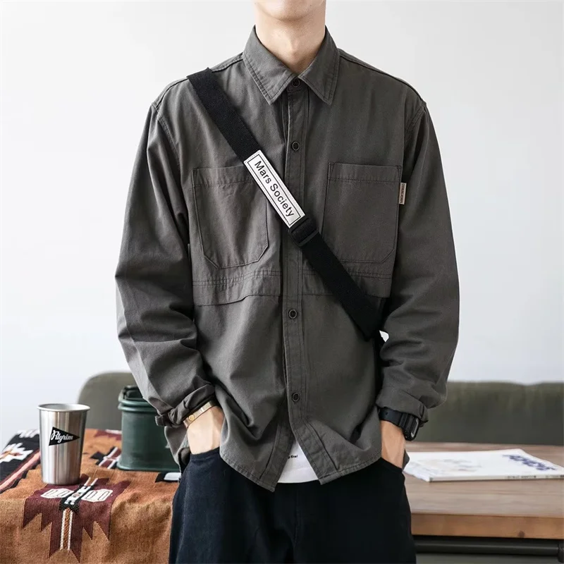 Autumn Y2K Japanese Long Sleeve Cargo Shirts Men\'s Casual Vintage Outdoor Blouse 2023 New Oversized Baggy Camisa Social