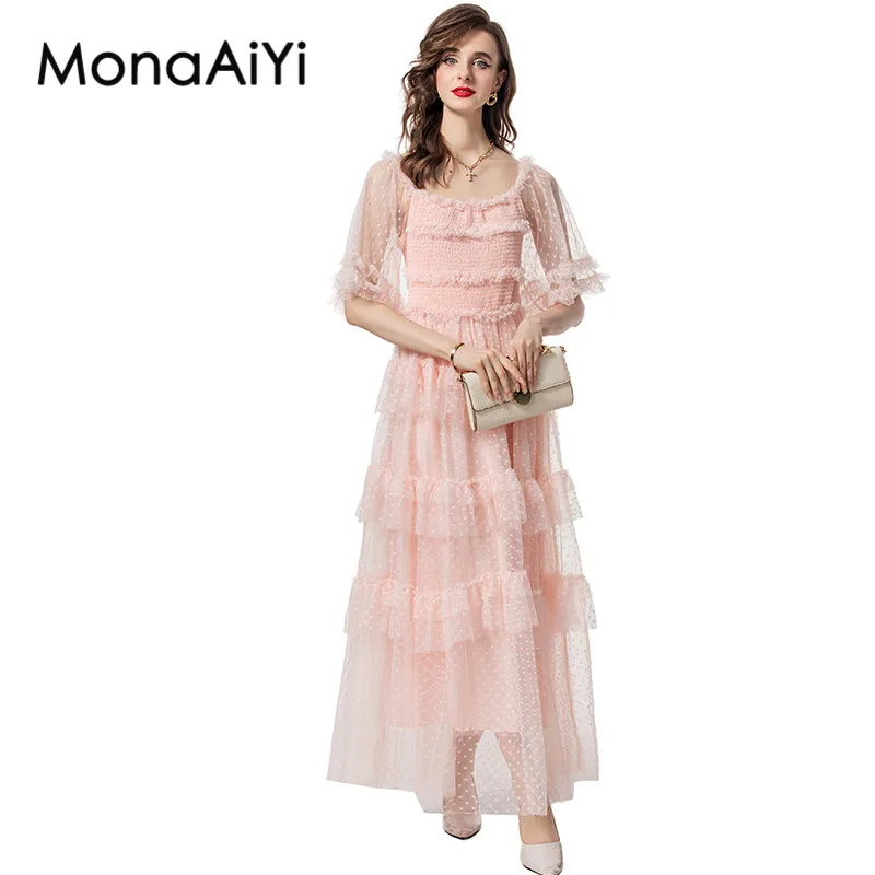 

MonaAiYi Spring Summer Women's Square-Neck Flare Sleeve Mesh Flounced Edge High waisted Beach Style Dresses