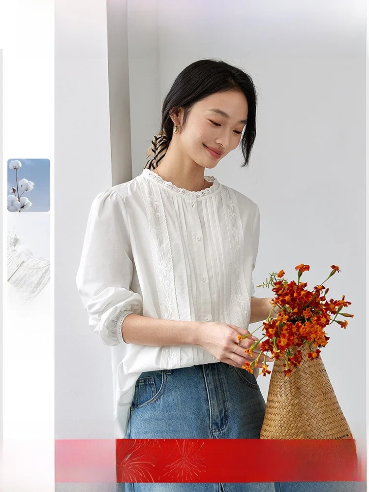 

Повседневная хлопковая женская рубашка с длинным рукавом, круглым вырезом, кружевной отделкой, винтажным стилем, свободного кроя, с пуговицами, средней длины, однотонная