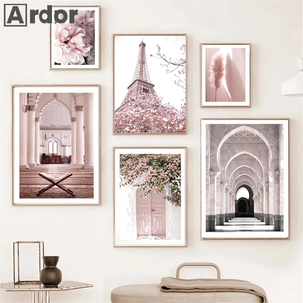 Bismillah Islamic Posters Morocco Door Pink Flower Eiffel Tower Canvas Painting Muslim Wall Art Print Pictures Living Room Decor