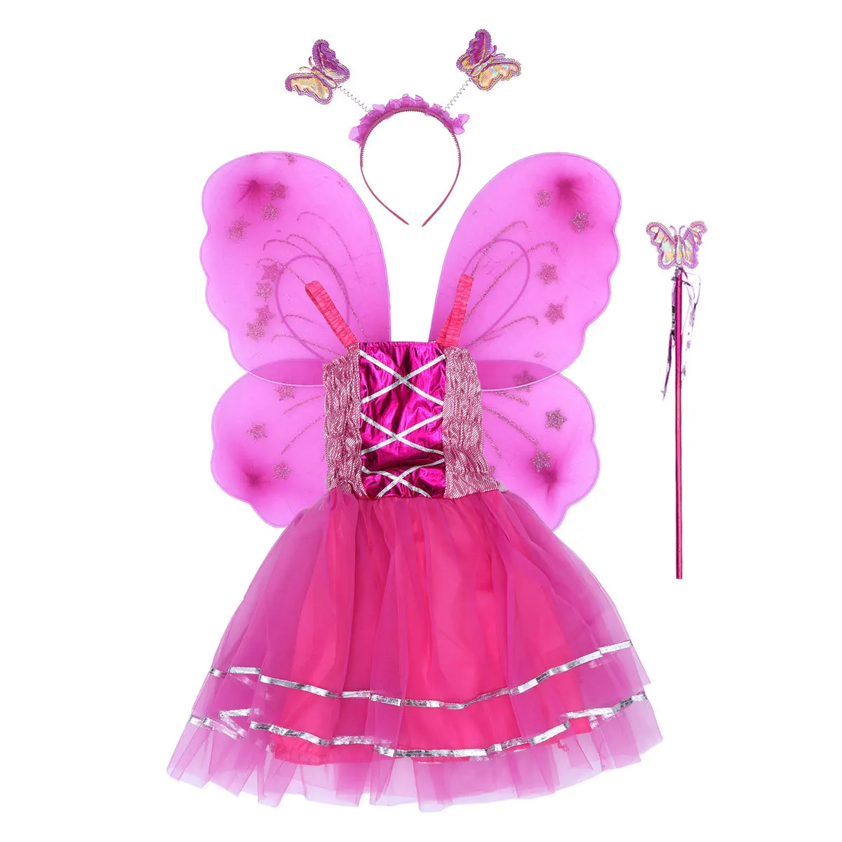 

4Pcs Kids Butterfly Wings Dress Set Pink Flower Fairy Skirt Elegant Toddlers Cosplay Performance Costume Party Festival Wedding
