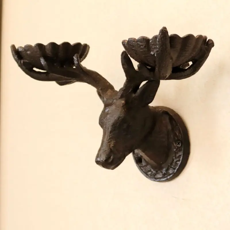 Cast Iron Deer Head Candle Holder, Courtyard Balcony Wall Hanging Decoration, Double Headed Candlestick, Retro European Creative
