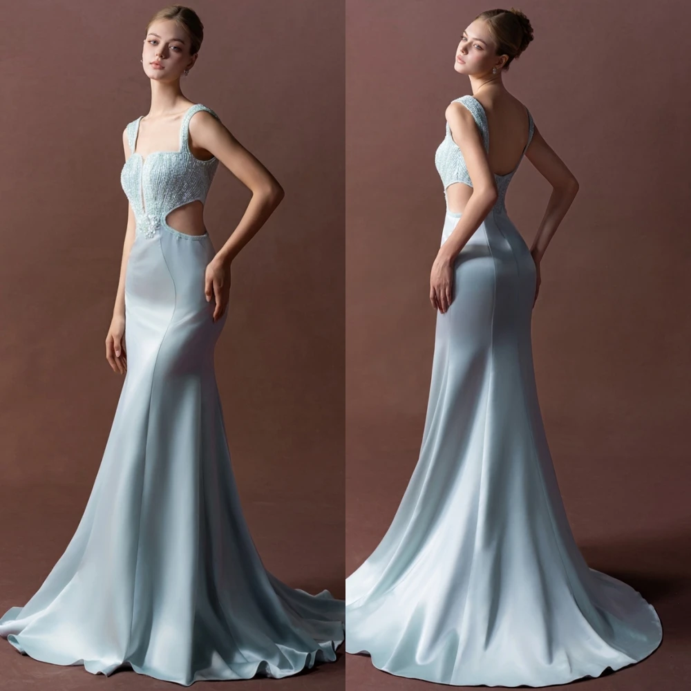 Vestido de noche elegante personalizado con cuello cuadrado de satén, vestidos de fiesta de sirena sexys, vestidos para ocasiones especiales con cuentas de alta calidad