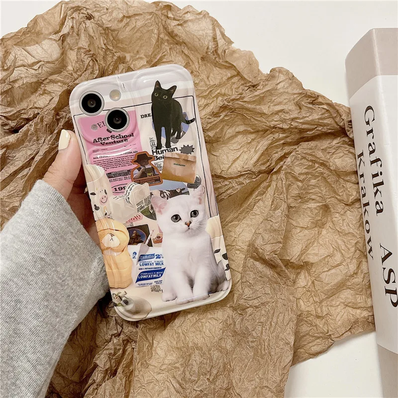 

For iPhone 14Promax 2023 New Ins Net Red Illustration Little Cat White Air Cushion Phone Soft Case 14Pro 13Promax 12 11 Xsmax Xr