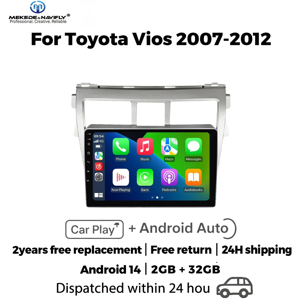 

Автомобильная аудиосистема MEKEDE&NAVIFLY Android 14, 2 Din, для Toyota Vios Yaris 2007-2012, мультимедийный проигрыватель с Carplay