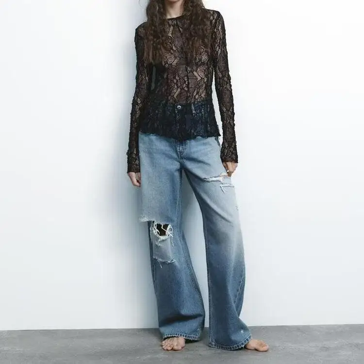 Lente nieuwe collectie dames losse mid-taille denim jeans decoratief gat casual sle lange broek comfortabele pasvorm damesjeans