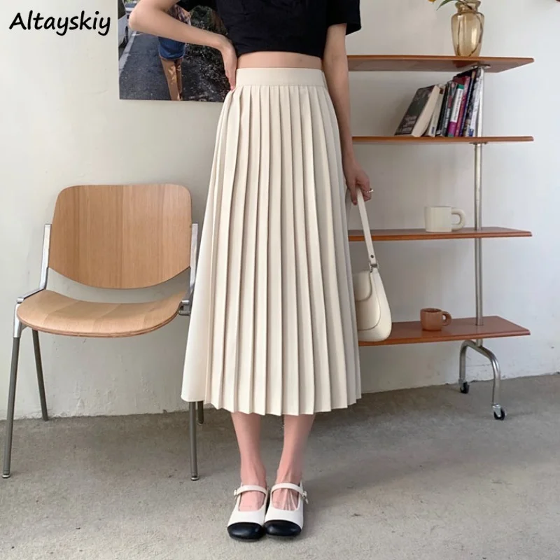 Skirts Women Юбка Женская High Waist All-match Popular Basic Cozy Folds Casual Trendy Solid Office Lady Summer Korean Fashion