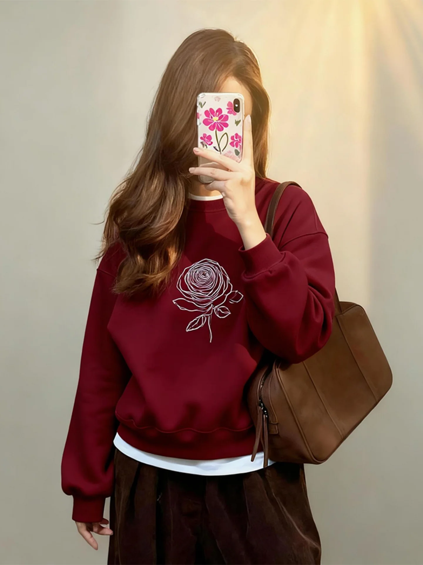 

Rose Print Fleece Lined Oversized Hoodie Women's Warm Autumn Winter Top Korean Style round Neck Short Length Casual Sweatshirt