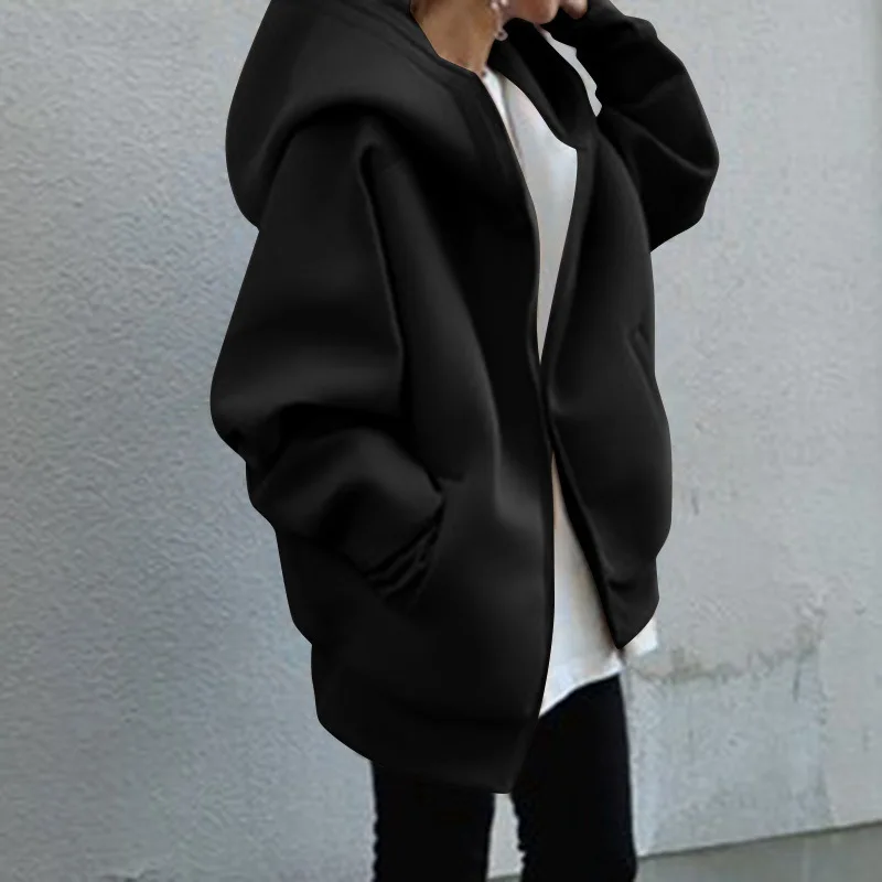 Zip Up Oversize Women Hoodies Coat Solid Color Zipper Hooded Cardigan Vintige Loose Long Sleeves Autumn Winter Jacket Sweatshirt