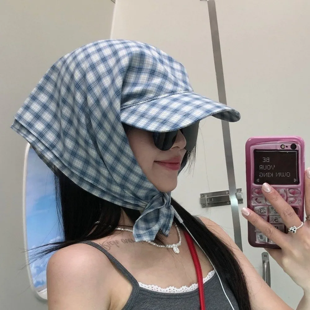 

Rural Style Headscarf Baseball Hat Plaid Sun Cap Triangle Headscarf Hat Scarf Peaked Cap Sunscreen Strappy Bandana Cap Ladies