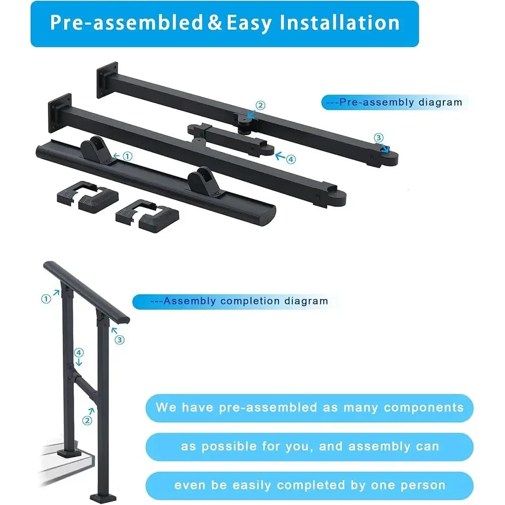 2 Step Aluminum Stair Handrail Outdoor Railing Kit Easy Install Durable Rust-proof Support Elderly and Disabled Access