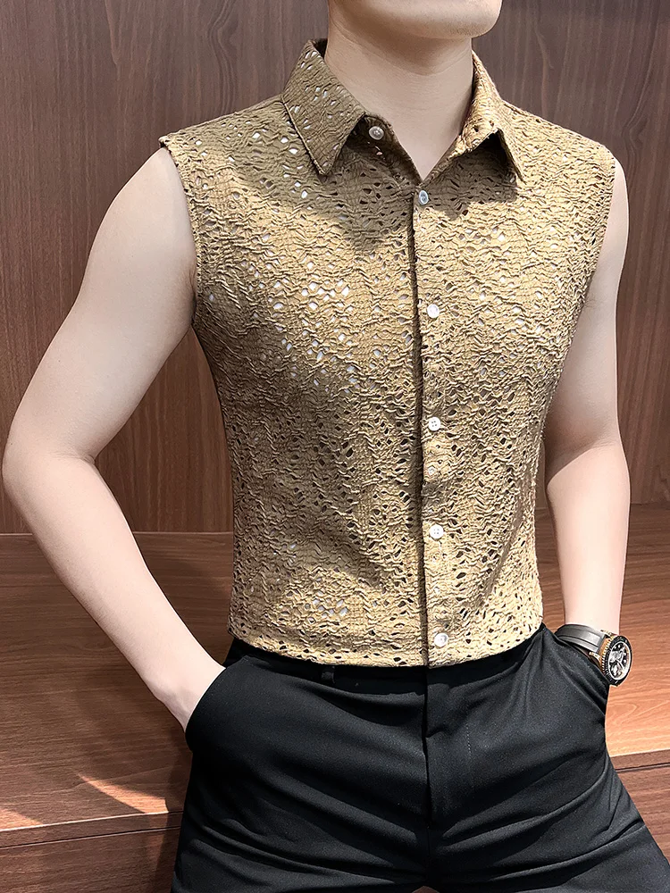 2025 Sexy Hollowed Out Sleeveless Shirts Men Summer Ice Silk Breathable casual shirt Stage Performance Nightclub Vest Shirts